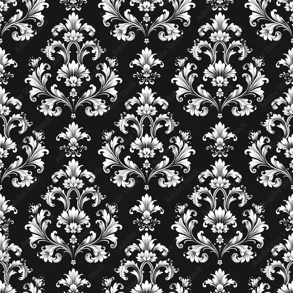 Black and White Flower Pattern on Black Background