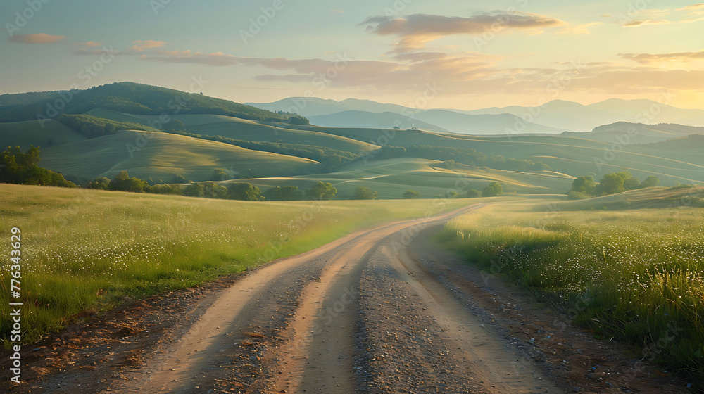 Rolling hills unfolding in gentle undulations along a rural road