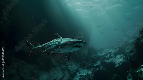 A solitary tiger shark patrolling the depths of an expansive underwater canyon  with copy space and the mysterious depths fading into a blur behind it