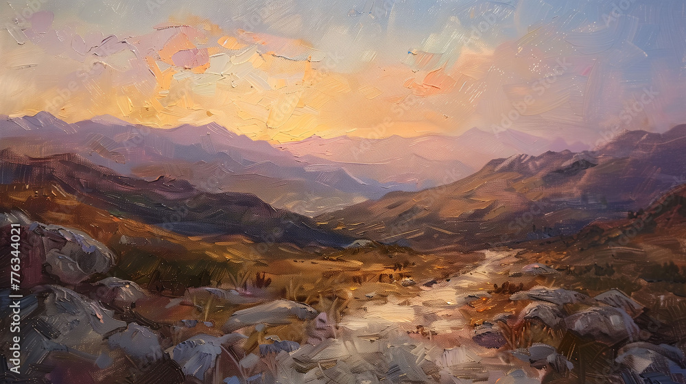 Serene Sunset Mountainscape Digital Oil Painting with Warm Sky