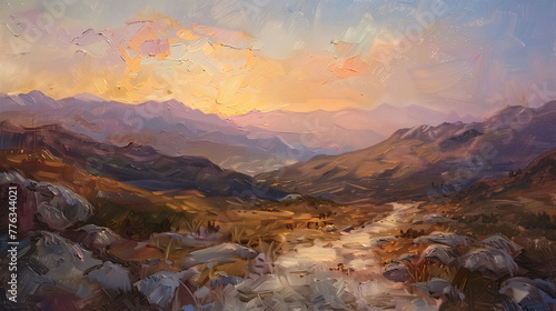 Serene Sunset Mountainscape Digital Oil Painting with Warm Sky © VibrantVisionsStudio