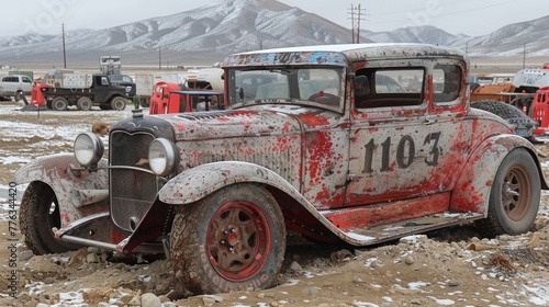 “Vintage Valor: A Rugged Classic Car Amidst a Majestic Mountainous Terrain”