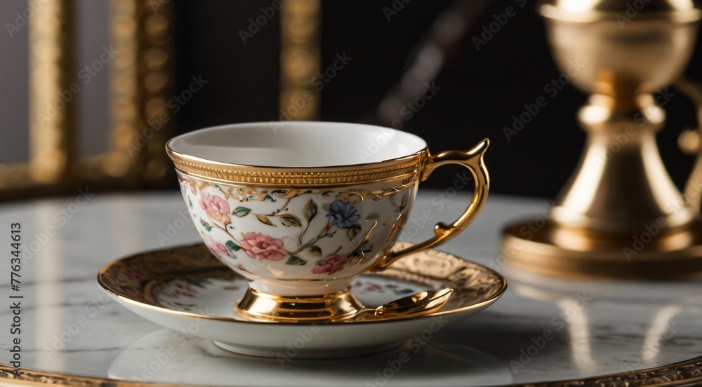 Fototapeta premium Vintage porcelain teacup with floral pattern and gold trim, elegant antique ceramic tea cup on marble surface, luxury Victorian style tableware