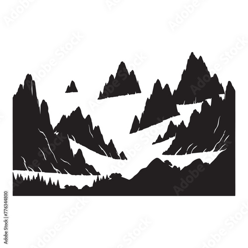 Towering Mountain Peaks silhouettes, Black and White Towering Mountain Art, Towering Peaks in Monochrome, Retro Mountain Silhouettes, Vintage Mountain Art, PNG  Silhouetted  Peaks 