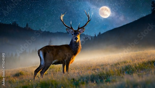 A beautiful deer standing in a meadow in the fog and a starry night against the background of the forest.