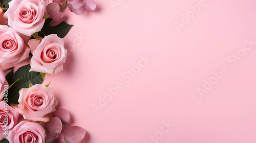 Pink roses on pink background. Top view. flat lay. copy space