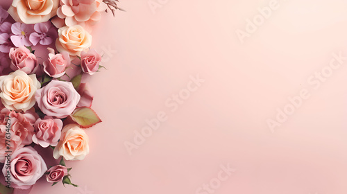 Frame made of pink roses on pastel pink background. © Wazir Design