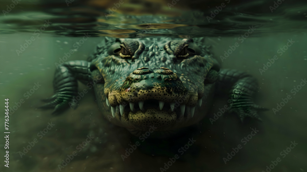 Fototapeta premium A stealthy crocodile lurking beneath the surface, only its eyes and snout visible as it waits for prey to approach