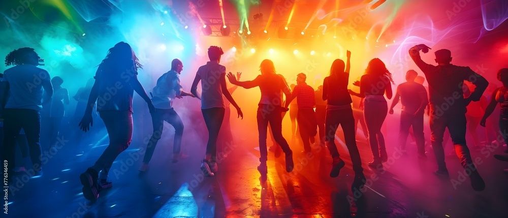 Vibrant nightclub scene with a diverse group of friends dancing energetically. Concept Nightclub Photography, Group Dancing, Energetic Atmosphere, Diverse Friends, Vibrant Colors