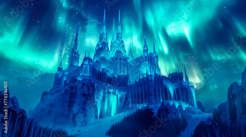 Enchanted northern lights over ice castle