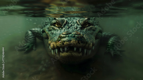 A stealthy crocodile lurking beneath the surface  only its eyes and snout visible as it waits for prey to approach