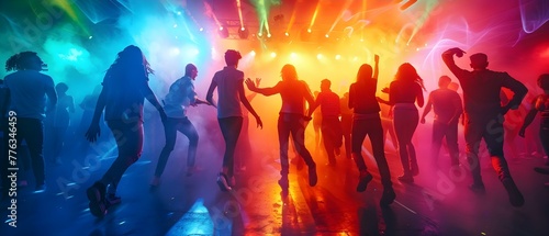Vibrant nightclub scene with a diverse group of friends dancing energetically. Concept Nightclub Photography, Group Dancing, Energetic Atmosphere, Diverse Friends, Vibrant Colors © Ян Заболотний