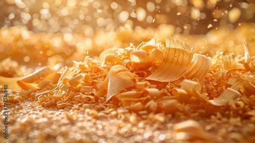 Shavings from woodwork with golden hue photo