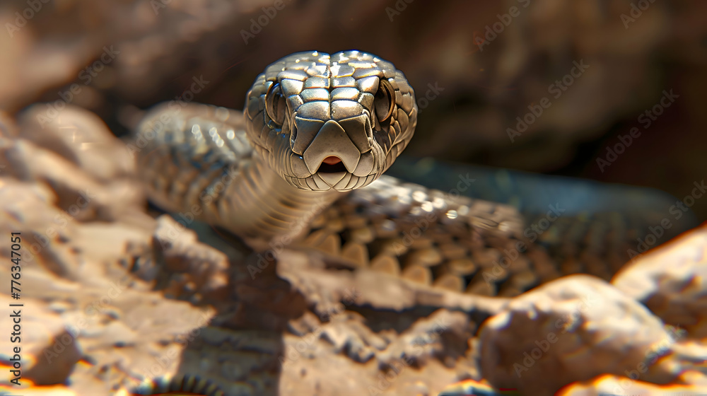 A striking image of a snake poised in mid-strike, its fangs bared and eyes focused intently, set against a blurred backdrop of rocky terrain A striking image of a snake poised in mid-strike, its fangs bared and eyes focused intently, set against a blurred backdrop of rocky terrain
