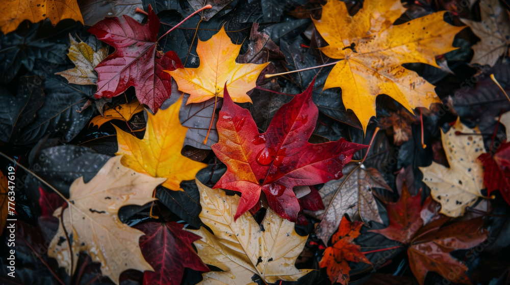 Obraz premium Colorful autumn leaves on the ground, closeup, top view. The colorful fall foliage of maple and oak trees lies spread out in an overcast landscape