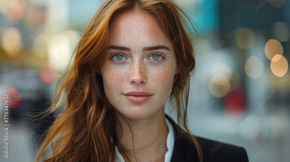 Young woman with red hair in business attire. Young woman with red hair in business attire.