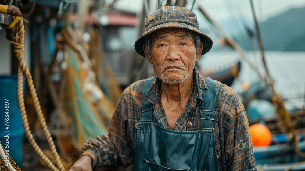Elderly fisherman on boat. Elderly fisherman on boat.