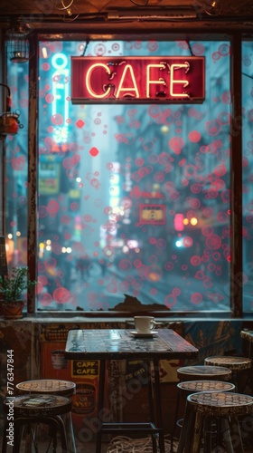"Enchanting Evening at a Cozy, Illuminated Café"