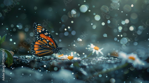 A butterfly resting on the petals of daisies in light rain, surrounded by sparkling droplets and delicate dewdrops. The background is blurred with soft bokeh lights to create an ethereal atmosphere.