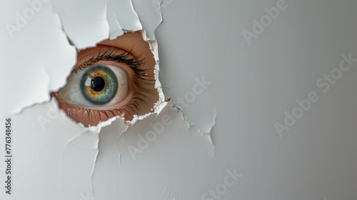 An eye looking through a torn hole in paper or wall. AI generation.
