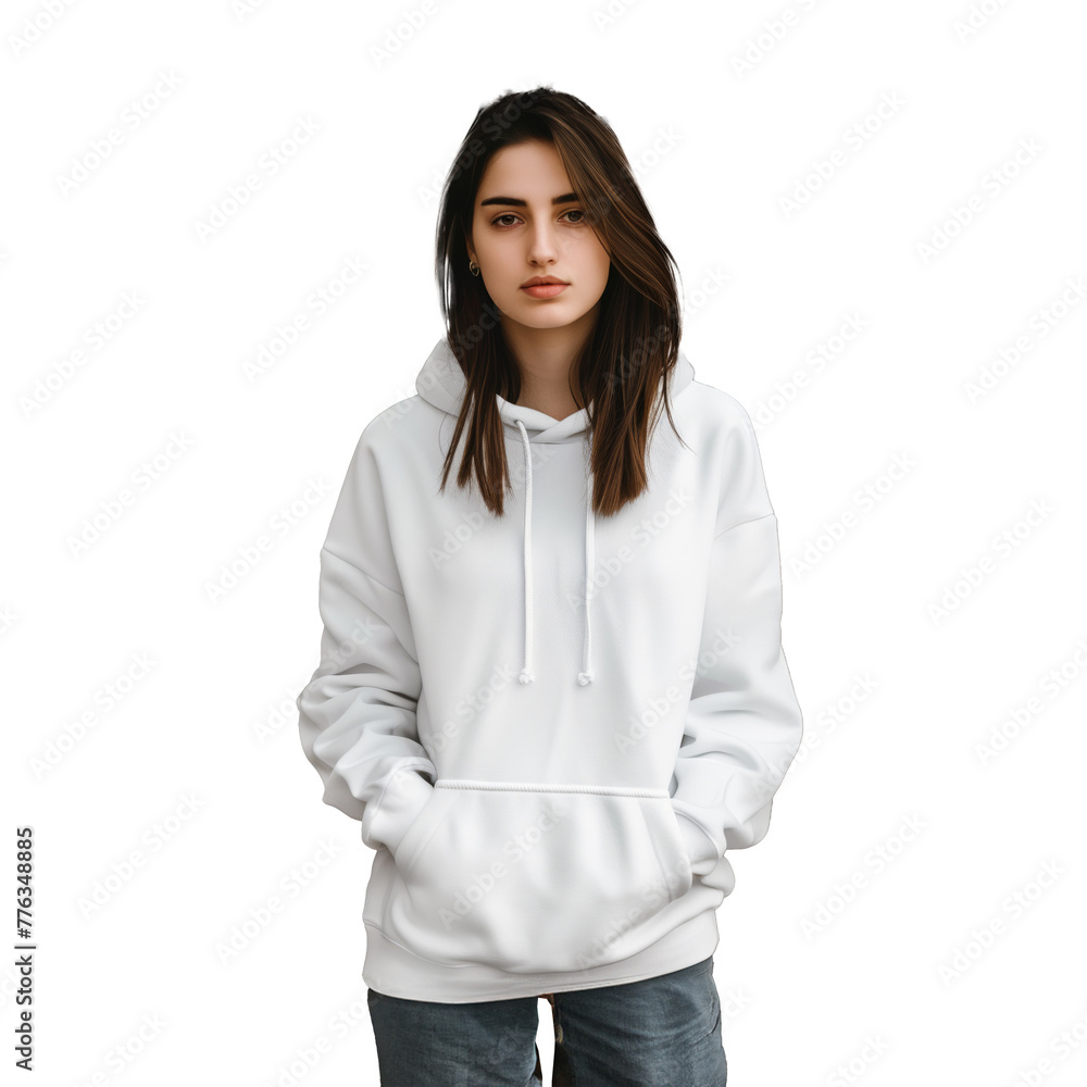 Young woman in a casual white hoodie and jeans Young woman in a casual white hoodie and jeans