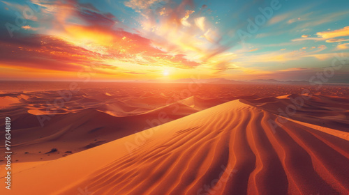 Beautiful sunset over the desert dunes, sand and sky, warm colors blending the horizon.he sun sets in colorful hues, creating an atmosphere of tranquility and calmness.