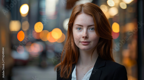 Young redhead woman portrait in city setting