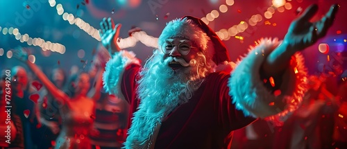Santa Claus showing off his dance moves at a lively nightclub party. Concept Christmas Party, Santa Claus, Dance Moves, Nightclub, Festive Celebration photo