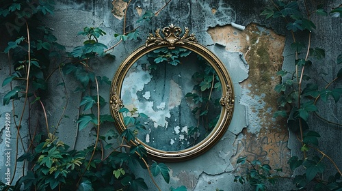 Old antique mirror on an old concrete wall, green plants. © MiaStendal