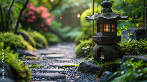 Japanese garden with lantern and pathway.