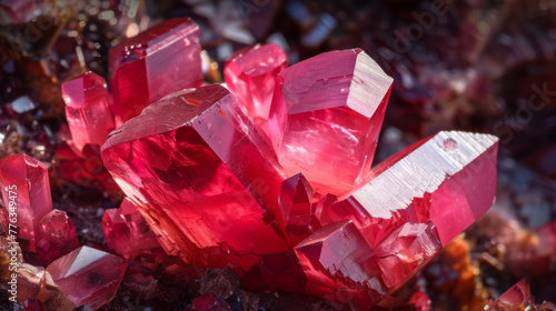 Closeup of red ruby crystals, showcasing their red and pink hues with intricate patterns. Set against the backdrop of natural crystals in various shapes and sizes