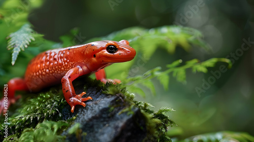 A vibrant red salamander perched on a moss-covered rock, with lush green foliage in the blurred background