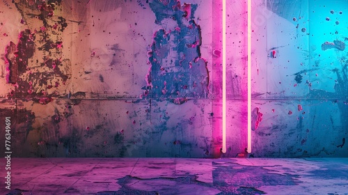 Old concrete wall neon light.
