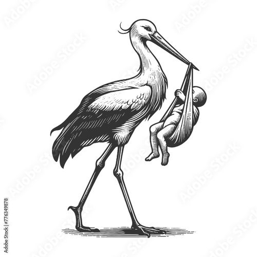 stork carrying a newborn baby, depicting the classic myth of stork delivery sketch engraving generative ai fictional character vector illustration. Scratch board imitation. Black and white image.