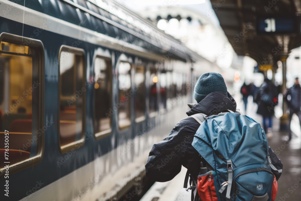 A traveler with a backpack boarding a train, ready for a journey, at a bustling train station platform. A traveler with a backpack boarding a train, ready for a journey, at a bustling train station platform.