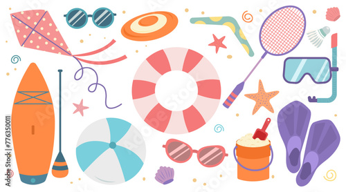 Set of summer elements for beach games, leisure, active recreation in flat style on white background
