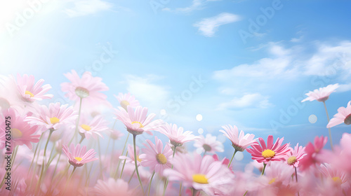 pink daisies on the blue sky background with sun rays