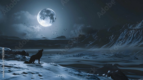 A wolf howling under a full moon, casting an eerie glow over a snowy landscape, with room for text above