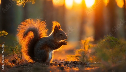 Detailed Close-up of a Curious Squirrel in its Natural Habitat, Forest Background. Nature, science, animals