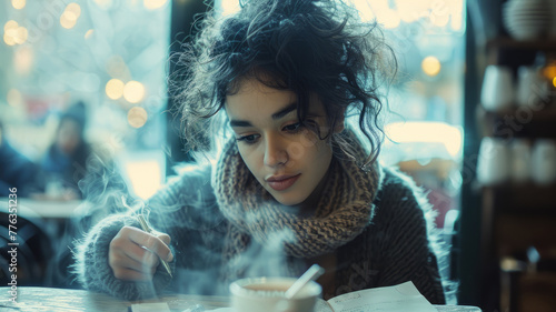 Woman contemplating in a cafe photo