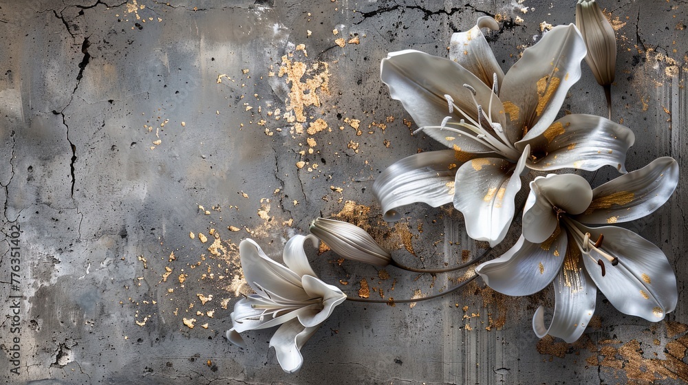 Obraz premium White lilies on an old concrete wall with gold elements.