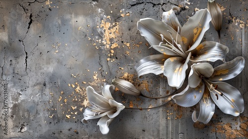 White lilies on an old concrete wall with gold elements.