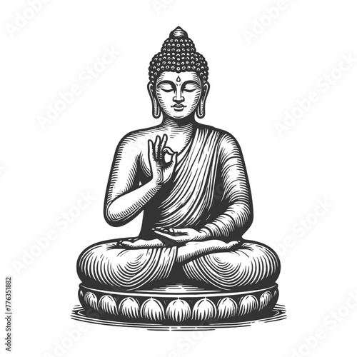 serene Buddha statue sitting in a meditative pose with a peaceful expression sketch engraving generative ai fictional character vector illustration. Scratch board imitation. Black and white image.