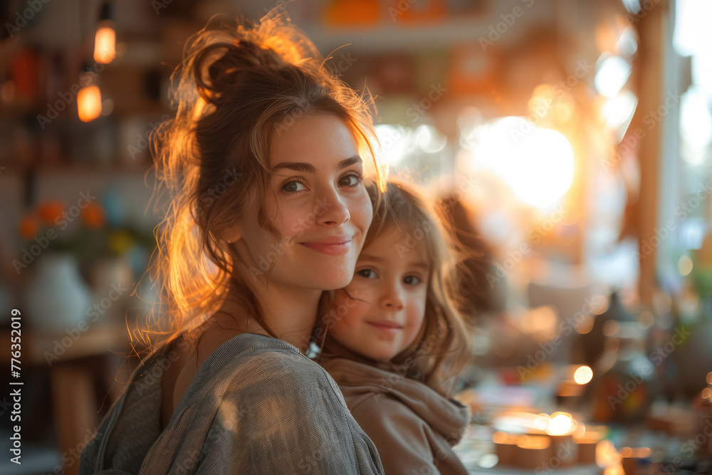cheerful young mother and daughter enjoying crafting time in a sunlit room