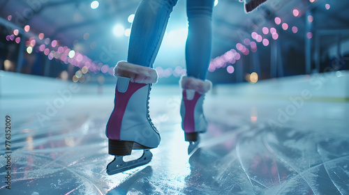 female ice skater: close up of blades and legs in jeans on indoor field blurred background photo
