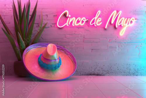 colorful sombrero with  cinco de mayo neon sign against a brick wall and potted plant