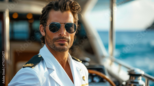 A male yacht captain at the helm