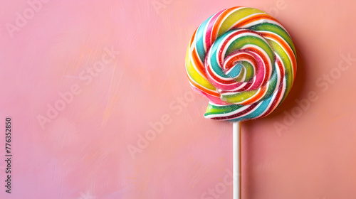 colorful ringed swirl lollipop on a stick on pastel colored light rose pink background with empty space for text