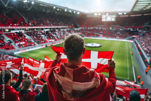 A group of people cheering and waving danish flags on a football match in a stadium