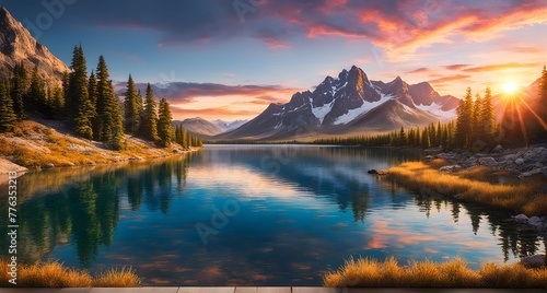 Serene mountain lake during sunset, with the sun setting behind the jagged peaks, casting a warm orange glow over the landscape. Generative AI
 photo